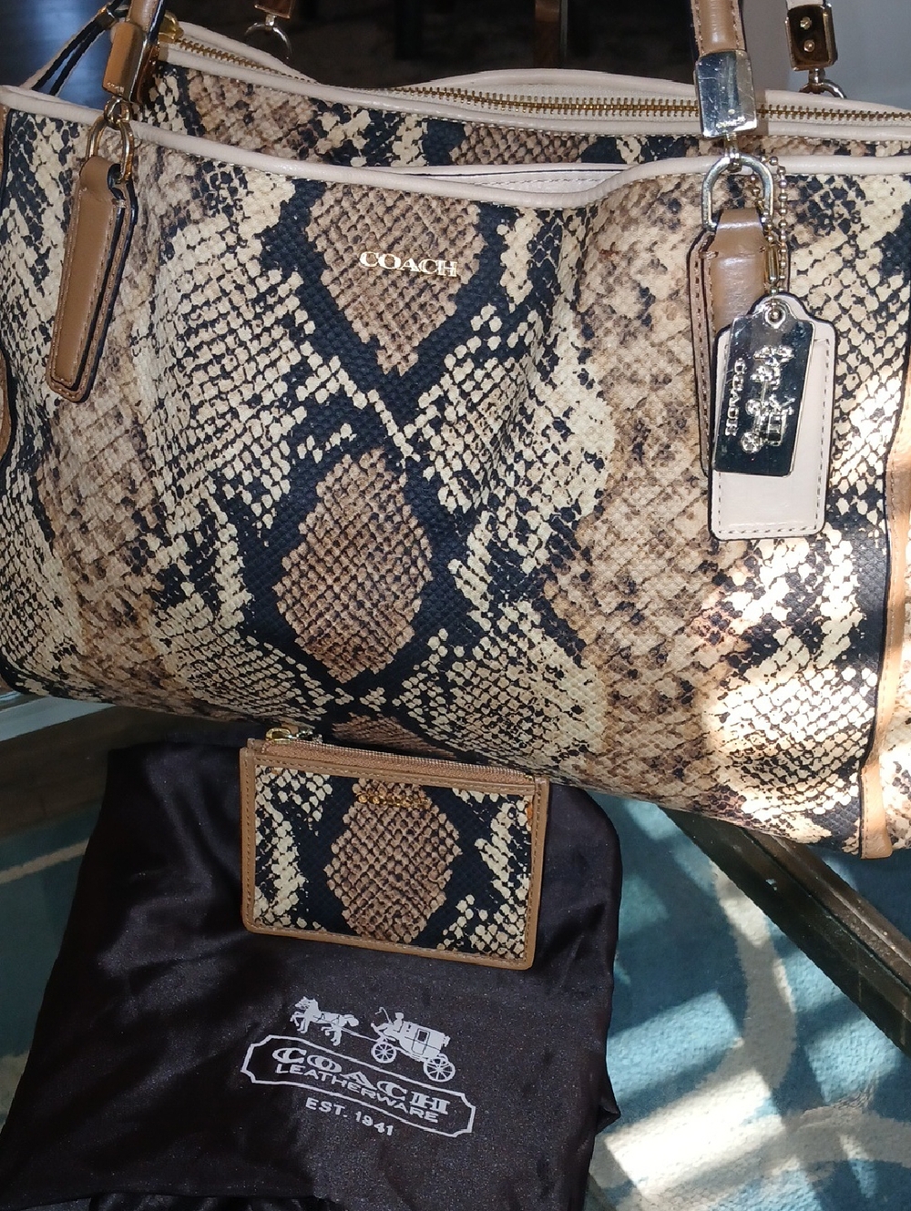 Coach Madison Carryall Python Snake Print Pattern Satchel With Matching Wallet - Picture 2 of 10
